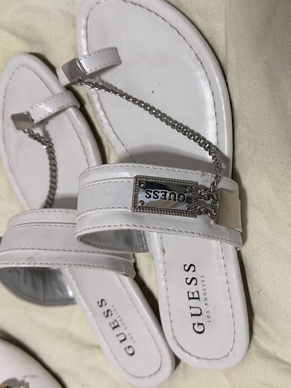 GUESS White Slide Sandals with Silver Chain Accent